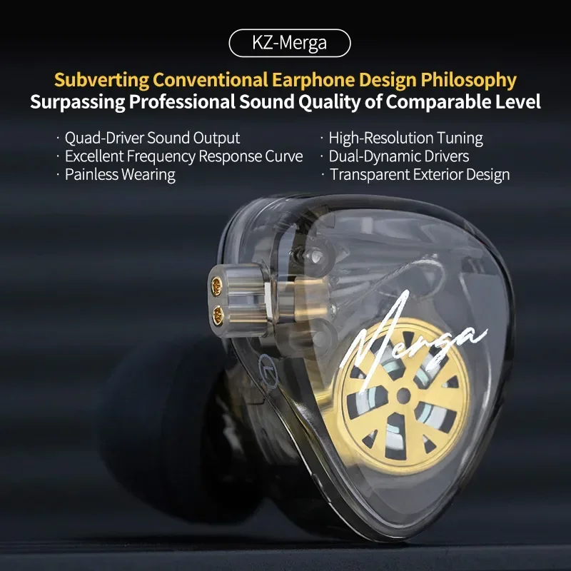 KZ Merga HiFi-In-Ear-Kopfhörer mit Kabel, Quad-Driver, Dual-Dynamic-Treiber, Schallausgang, hochauflösendes Tuning mit abnehmbarem Kabel