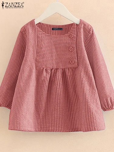 Imagen 2 del producto Moda ZANZEA 2025 Blusas a rayas de verano para mujer, Tops informales con cuello redondo, camisa de manga 3/4, camisa holgada para mujer, Blusas elegantes de trabajo OL