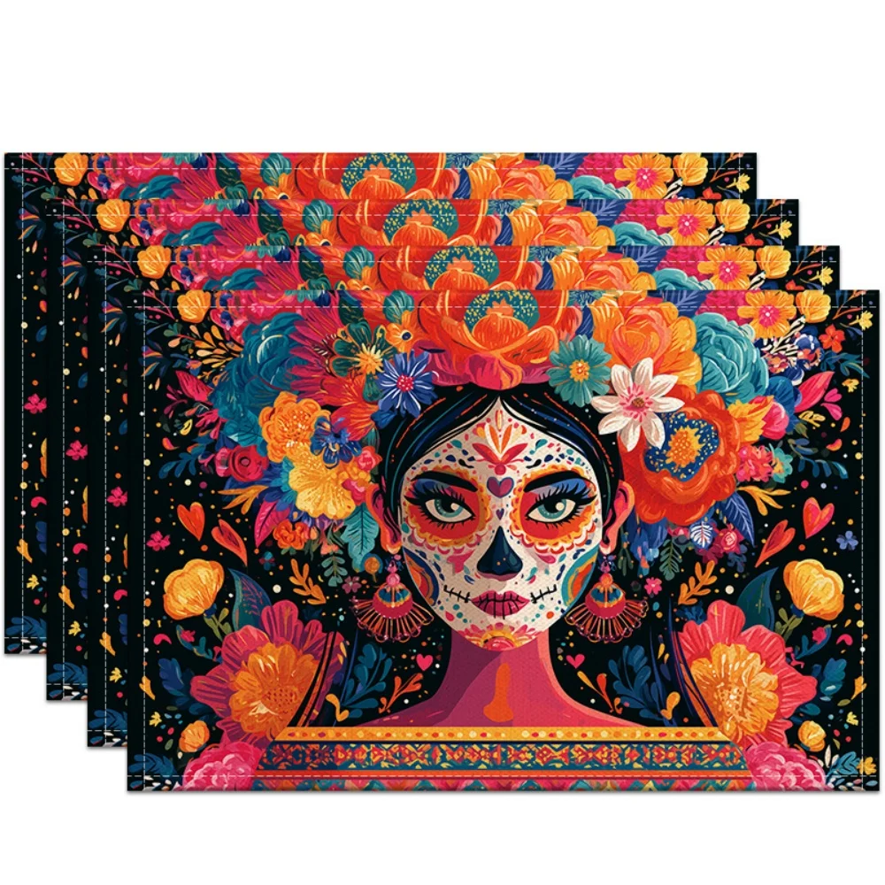Mexican Sugar Skull Floral Placemats Day Of The Dead Table Decor Vibrant Folk Art Cabinet Display Fiesta Dining Table Gift