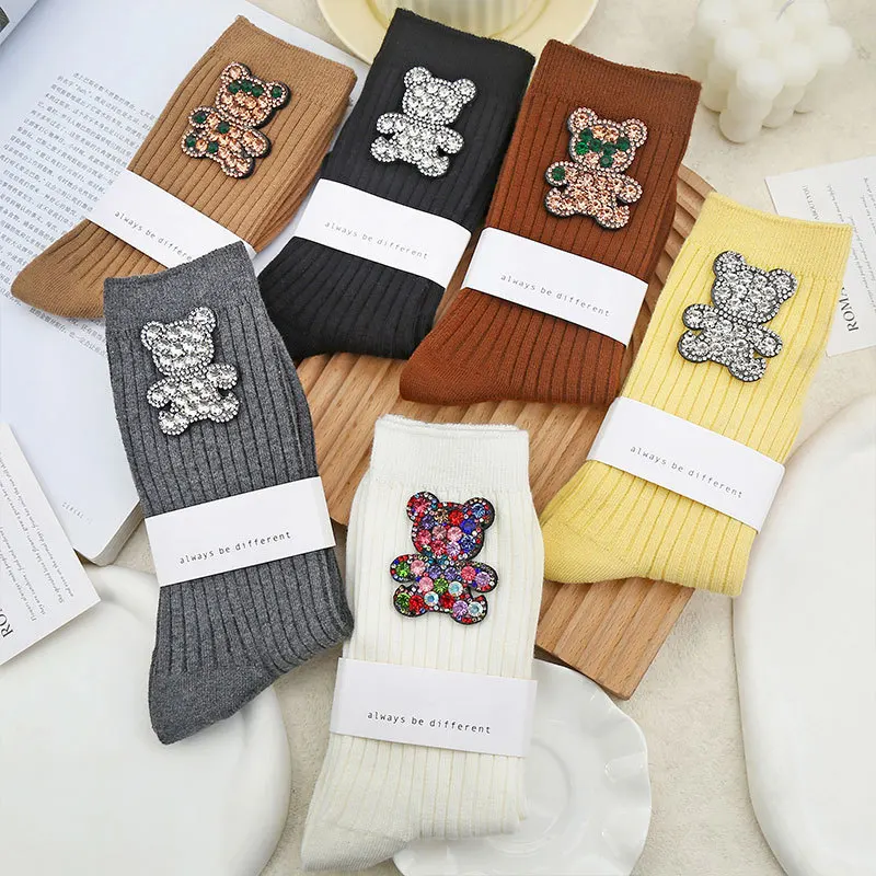 Women's Socks Korean Rhinestone Teddy Bear Shiny Kawaii Sweet Kawaii High-quality Comfortable Breathable Cotton Socks For Girl