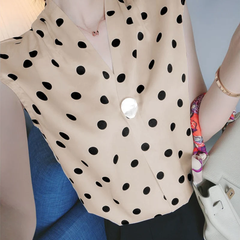 French Style Fashion Polka Dot Original Design Chiffon Sleeveless Shirt Summer New Loose Slimming Casual Elegant Women\'s Top