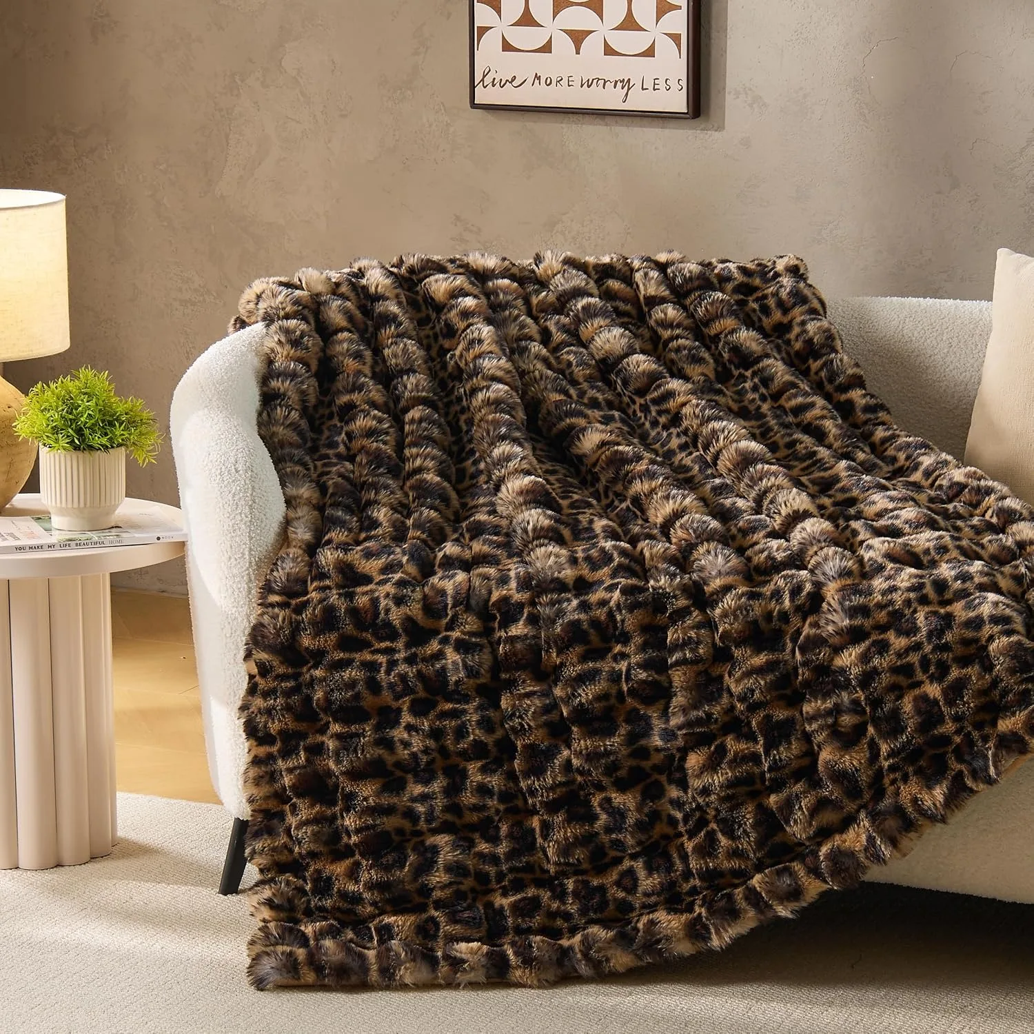 Ultra Soft Faux Fur Throw Blanket Leopard Print Fluffy Fuzzy Bubble Sofa Bedroom Fleece Minky Blanket for Couch