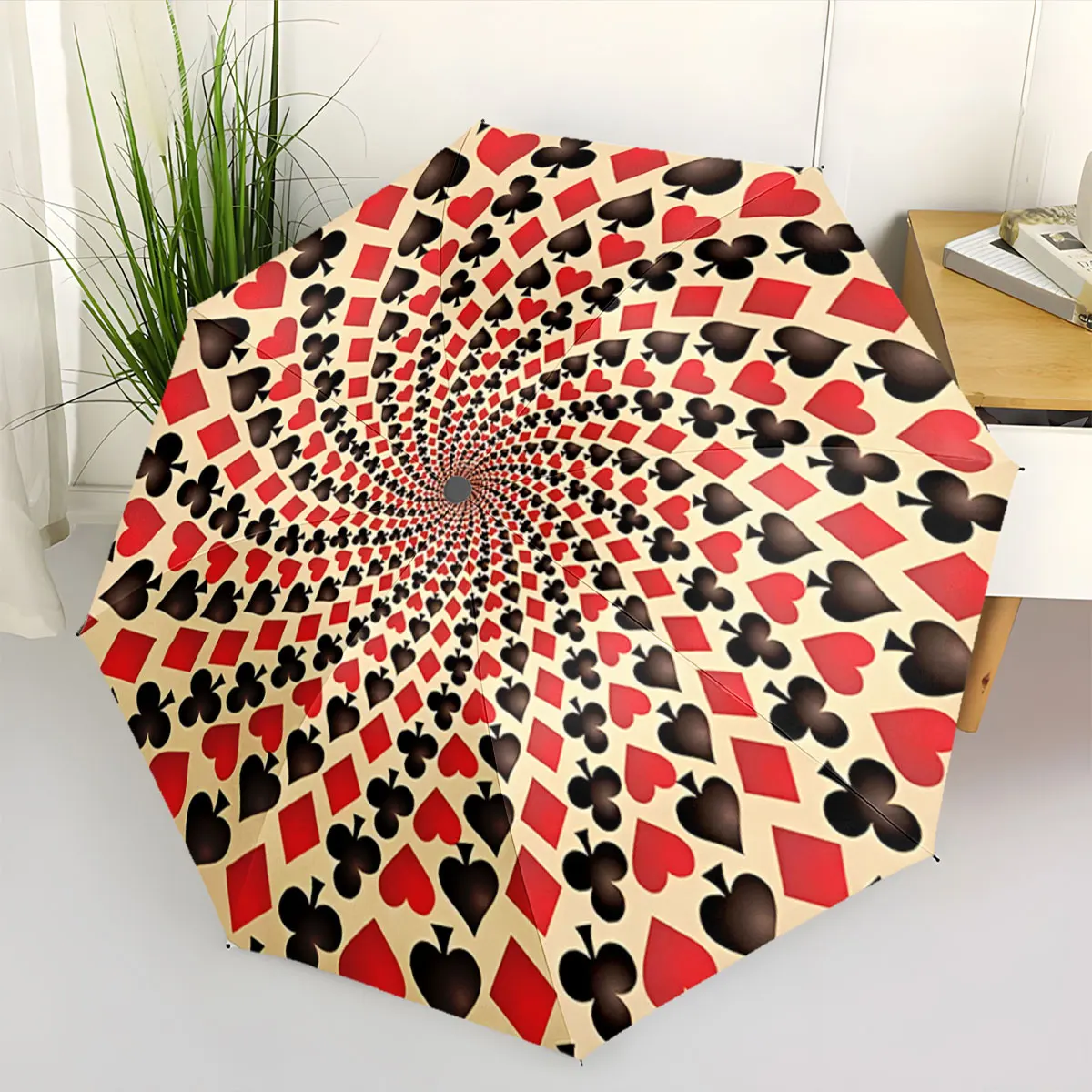 Colorful Poker Suit Pattern Spiral Beige Umbrella portable waterproof sun rain umbrella for outdoor travel beach