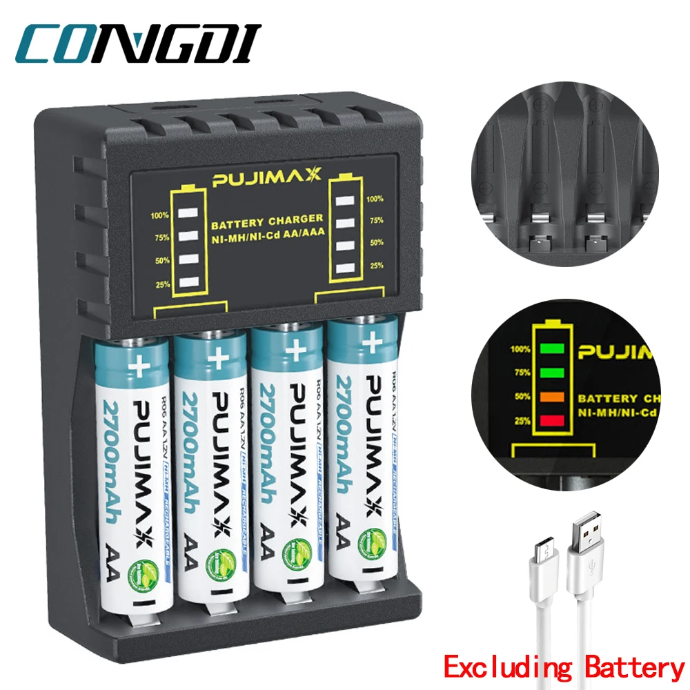 Ładowarka AA/AAA 4 gniazda Inteligentny wskaźnik LED Ładowarka USB C Micro do akumulatorów Ni-MH/Ni-Cd Ładowarka AA/AAA