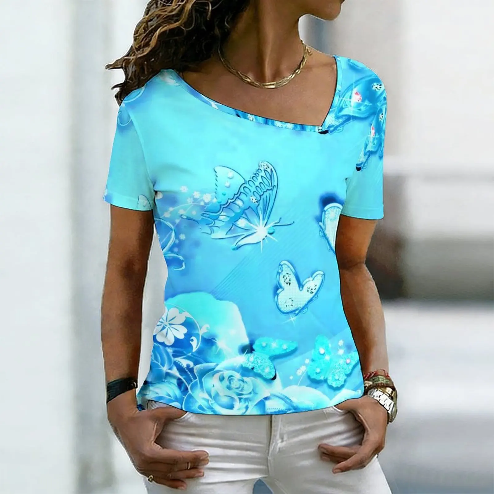 Women Sparkly Butterfly Print Square Asymmetric Neck Short Sleeve Casual Summer Tops