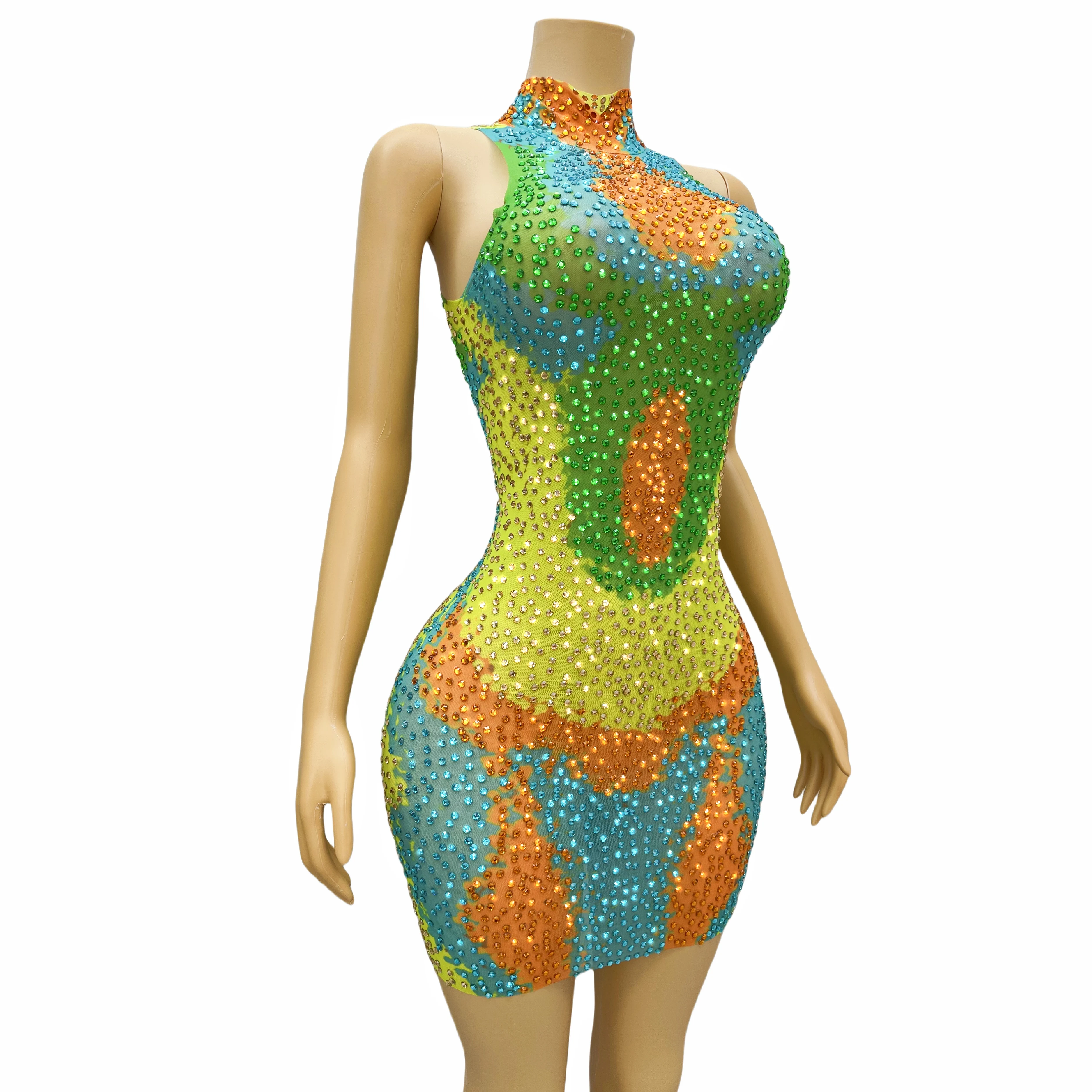 2024 Summer Yellow Green Rhinestones Sleeveless Dress Birthday Woman Sexy Dance Outfit Dance Costume bingguo