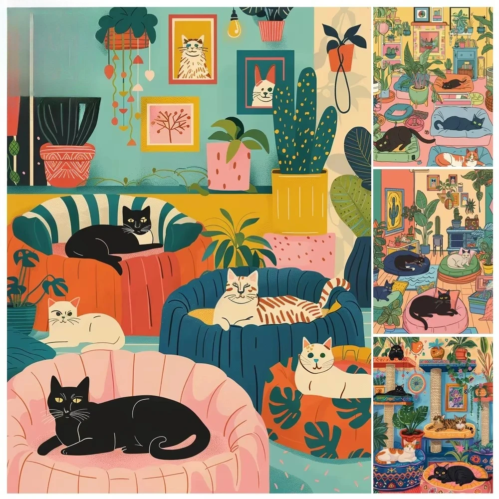 

Oil Painting By Number Cat and Flower Leisure Landscape Home Decoration Painting Wall Bedroom Room Decor Gift Frameless