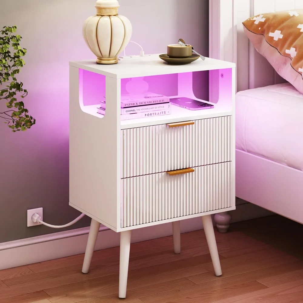 Modern Nightstand with Charging Station & LED Light, 2 Drawers Open Storage Shelf, Solid Wood Legs, Small Space Bedroom Side Table