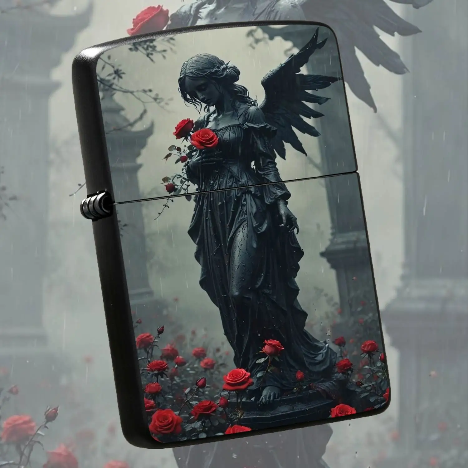 Dark Angel Statue Red Rose Themed Lighter Gothic Aesthetic Vintage Portable Igniter Unique Artistic Decor Accessory For Daily Use Gifting Collectors Ideal For All Occasions Weathered Sculpture Style Exquisite Souvenir Present A Humorous And