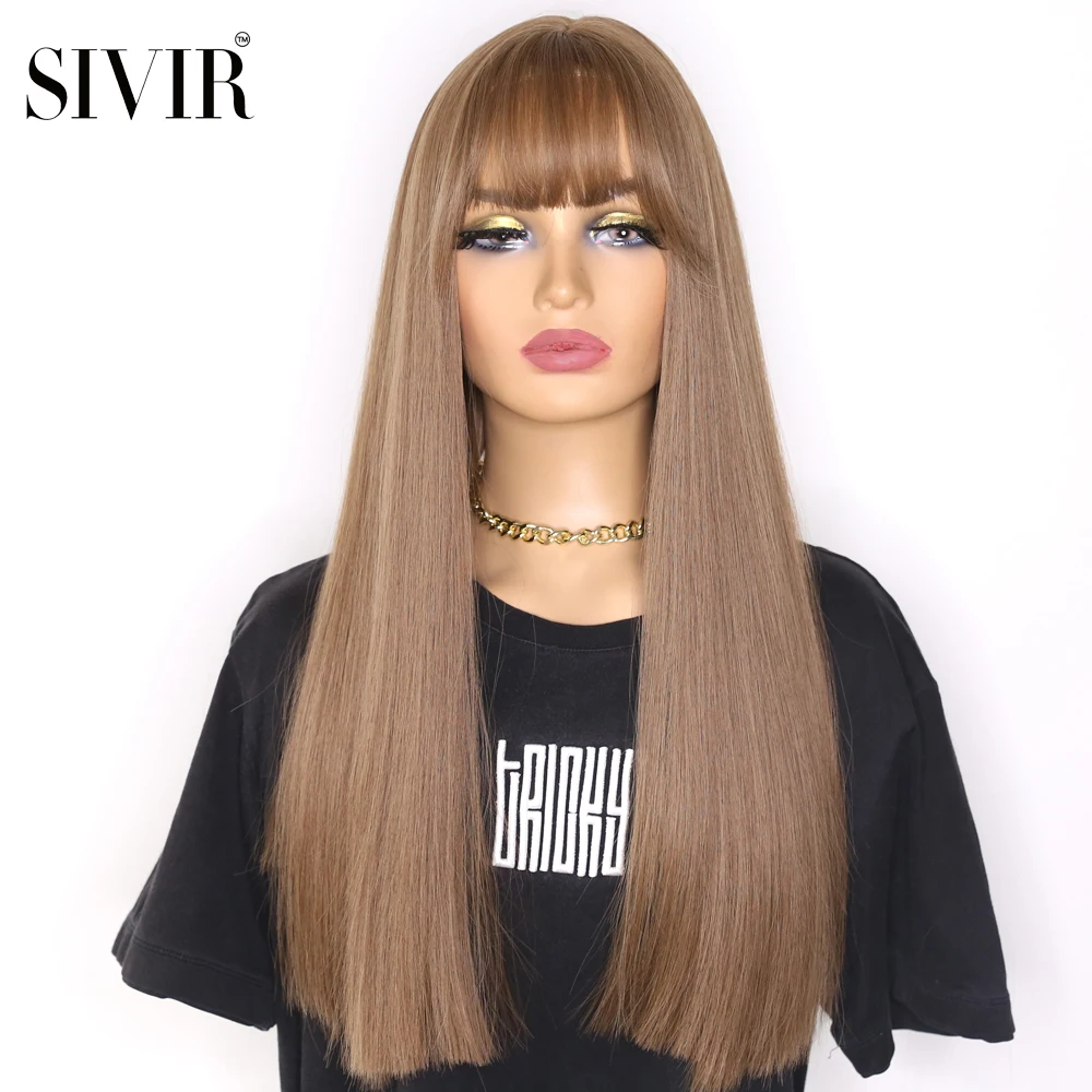 Sivir Synthetic Wigs for Women 18inch Long Straight  with Bangs Hair Honey Color Natural Headline Heat Resistant   Daily/Cosplay