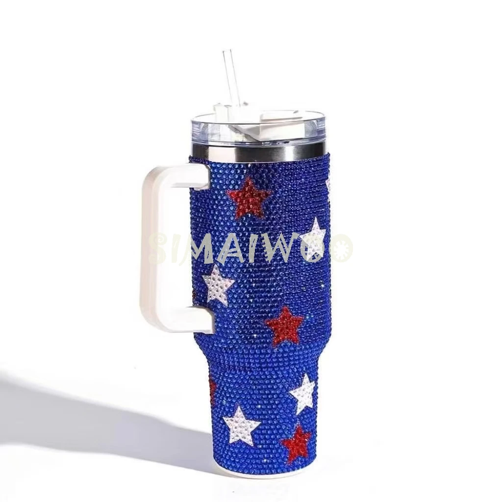 

Klein Blue Tumbler US Flag Stars Colors Rhinestone Stainless Steel Water Bottle 40 OZ Thermos Coffee Mug Mosaic Cross Stitch