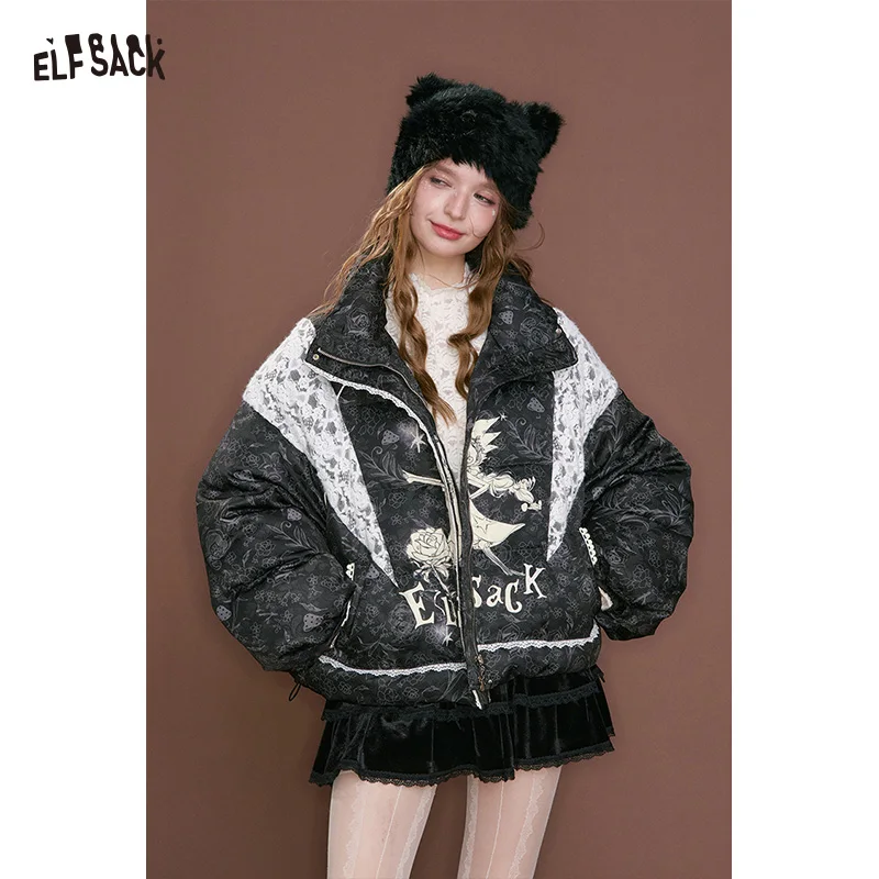 ELFSACK Women's Gothic Cropped Puffer Jacket with Lace Splicing & Figure Print, Contrast Padded Coat for Winter Daily Outfit