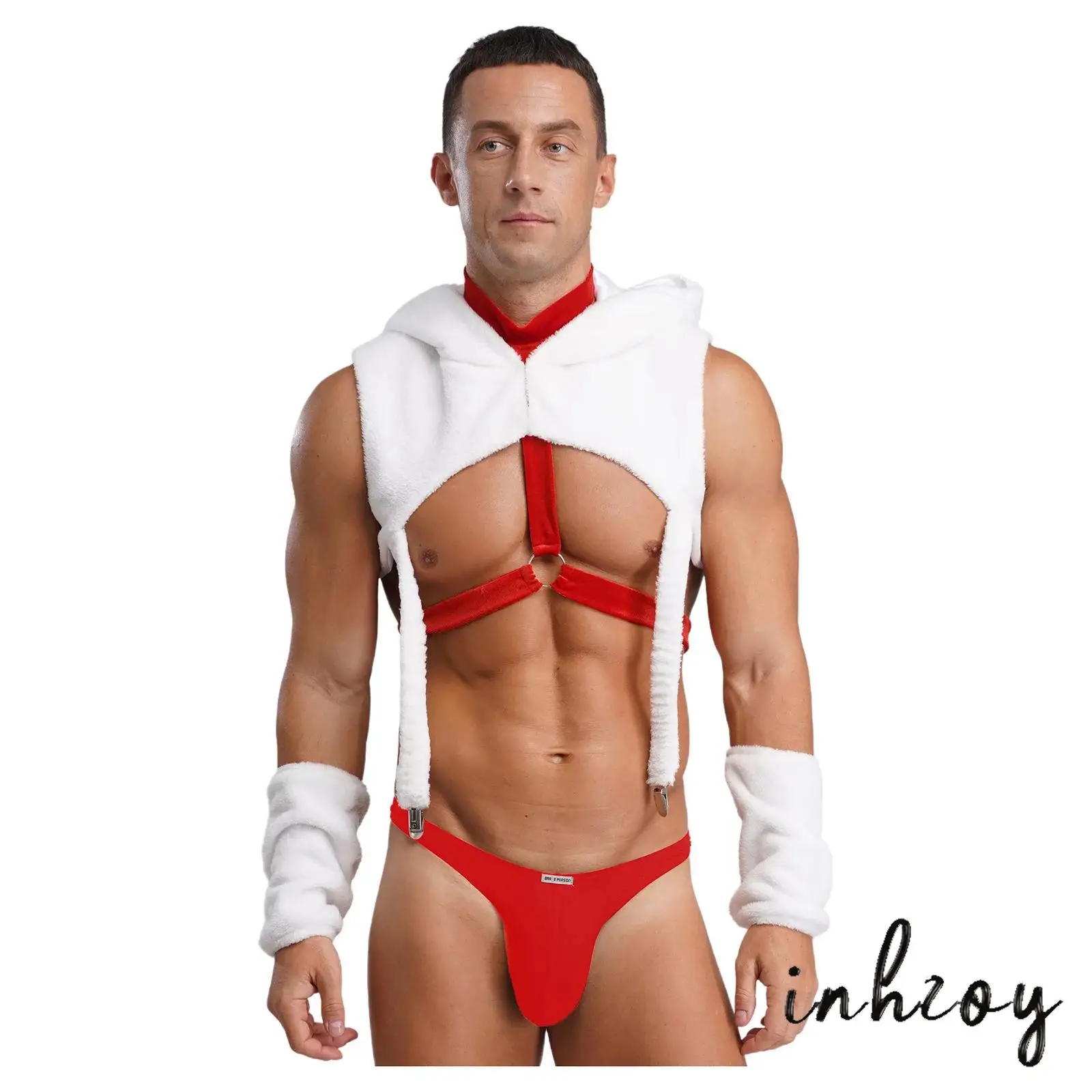 

Mens Christmas Style Lingerie Hooded Crop Tops with Suspender Clips And Body Chest Harness And Oversleeves Plush Santa Nightwear