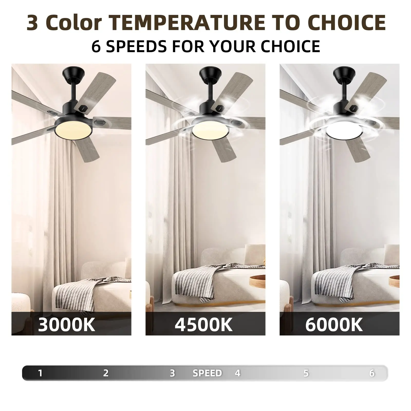 Ventilateur de plafond avec lumière LED, ventilateur de plafond intérieur avec télécommande, moteur à courant continu réversible pour ferme, patio, chambre à coucher, garage, 52 pouces