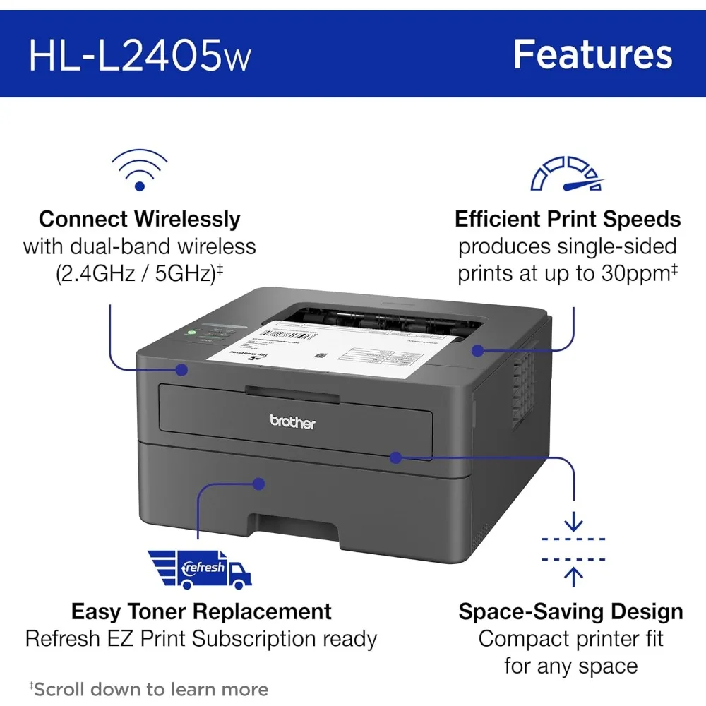 Impressora a laser monocromática compacta sem fio, HL-L2405W, com impressão móvel, saída preto e branco, incluindo atualização de assinatura