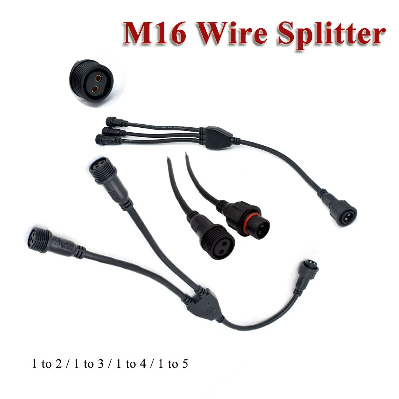 Waterproof M16 2Pin 1 to 2/3/4/5 Splitter Wire Y-type LED Lamps Connector Cable Outdoor 2 Cores Male to Female 16mm Power Plug