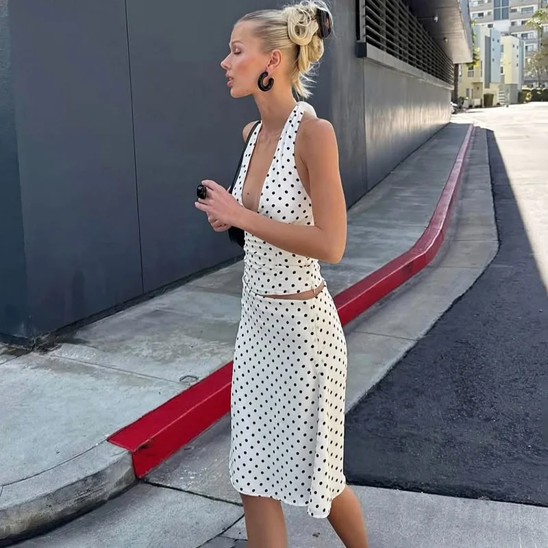 ชุดเดรสลายจุด Ticketx สำหรับผู้หญิง เสื้อสายเดี่ยวพิมพ์ลาย คอ halter แขนกุด ชุดเดรสสั้นเอวสูง แฟชั่นใหม่ ชุดเดรสสำหรับวันหยุด