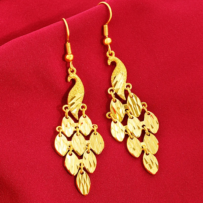 

Women's 24K Gold AU999 Korean-Style Long Peacock Tail Tassel Earrings | Geometric design, professional yet stylish for work