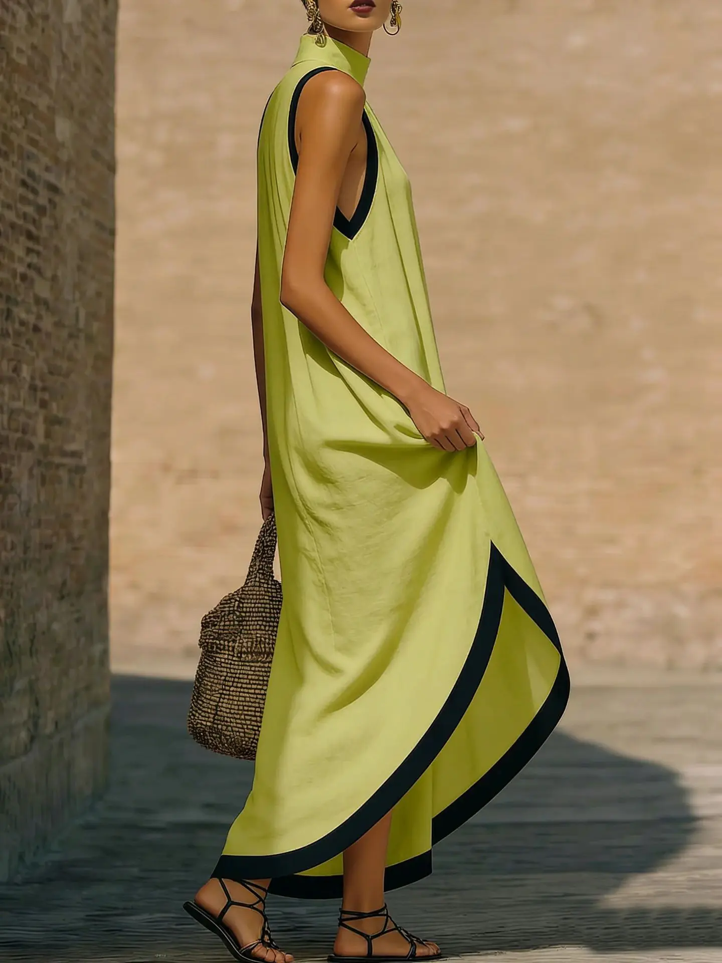 

Retro Contrast Trim Loose Woman Dress Half High Collar Irregular Hem Pocket Dress Casual Summer Sleeveless Beach Vacation Dress