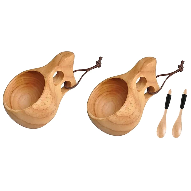 2Pack Nordic Style Wooden Cup Kuksa Cup Portable Outdoor Camping Drinking Mug Wooden Coffee Cup With Wooden Spoon