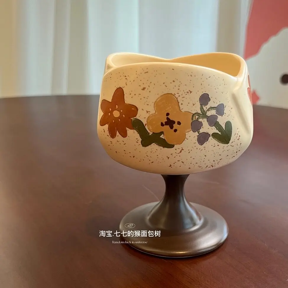 Vintage graffiti high footed mug hand-painted flowers fruits ceramics milk breakfast cup home coffee drink good gift for gifts