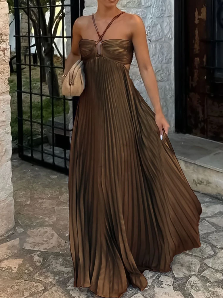 Sleeveless Hollow Sexy Simple Maxi Dress, Summer Women Strapless Lace-Up Chic Party Dress, 2025 Patchwork Fashion Ladies Dress