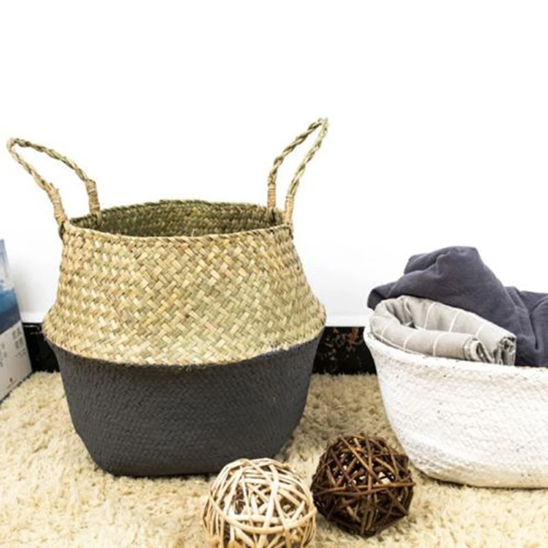 New Foldable Bamboo Storage Baskets Wicker Rattan Laundry Straw Patchwork Flower Pot Seagrass Belly Garden Planter Basket