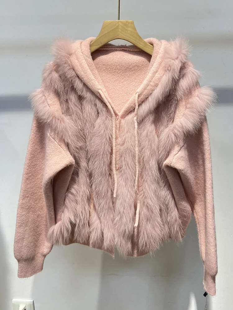 

New Arrival Women Winter Pink White Real Fox Fur Thick Knitting OverSize Loose Girl's Luxury Sweater Hooded Jacket Coat