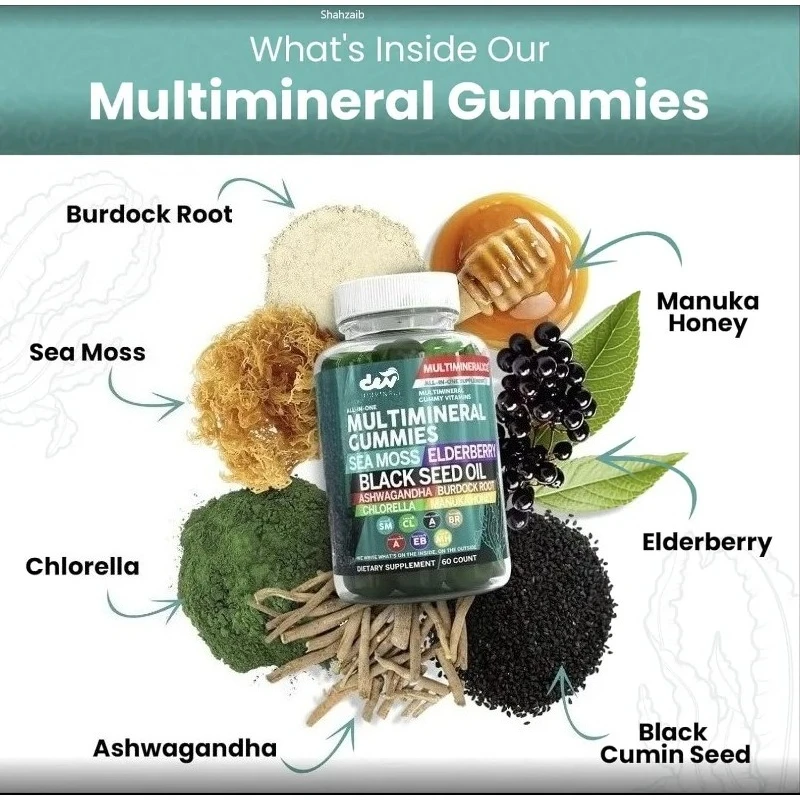 Sea Moss black seed oil gummies contain elderberries, burdock roots, microalgae, manuka honey - vegetarian gummies with vitamins