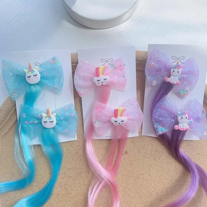 2PCS New Lovely Princess Rainbow Bow Unicorn Wig Girls Hairpins Children Headwear Hairgrip Hair Clips Barrettes Hair Accessories