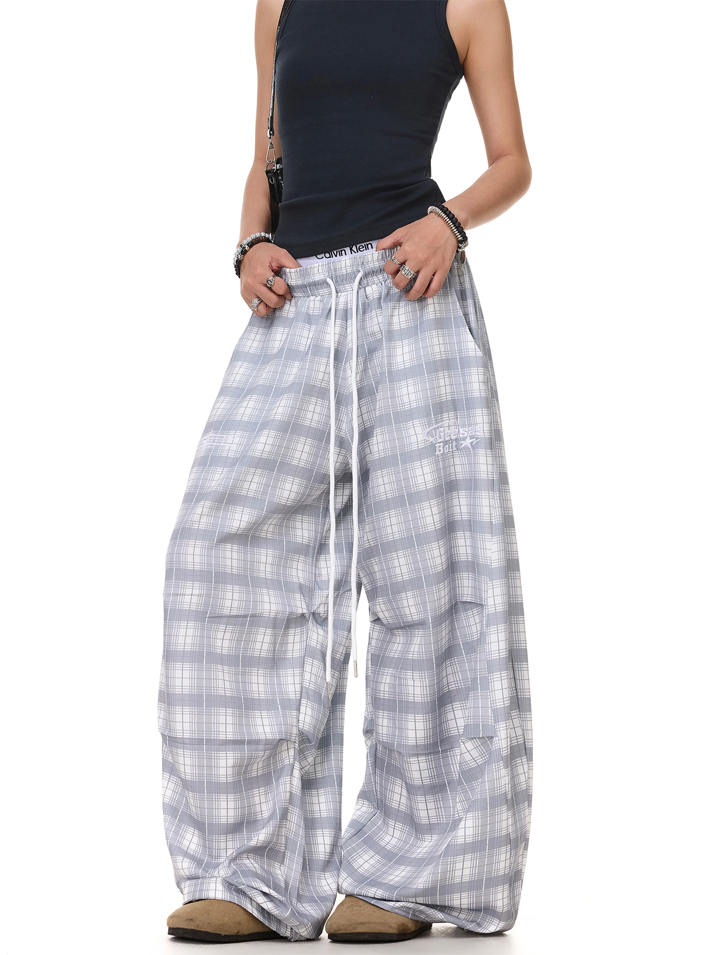 American Retro Contrast Color Check Elastic Waist Loose Summer Thin Wide Leg Casual Pants Versatile Lazy Style Long Trousers
