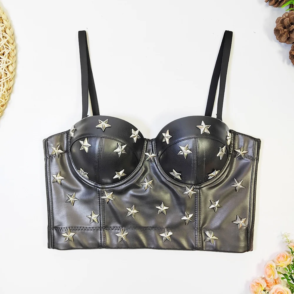 

Cross-Border PU Leather Strap Vest Korean Sle Dancewear oulder Bared Small Chest Illusion Beaded Tube Top for Women