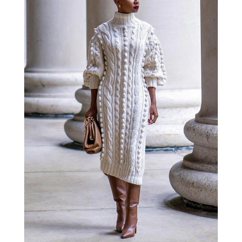 

Autumn Women High Neck Twist Rope Lantern Sleeve Side Slit Knitted Sweater Dress New Fashion Femme Casual Dress Robe Clothing