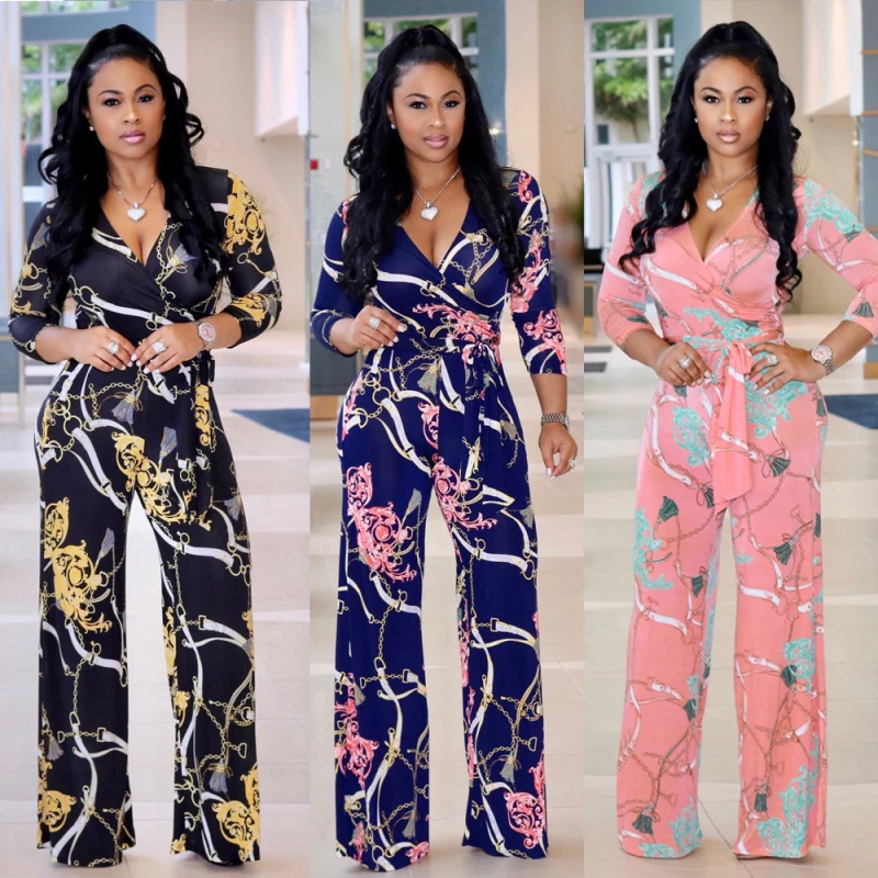 Women Jumpsuits 2024 Fashion Chian Printed Three Quarter Sleeve V Neck Wide Leg Jumpsuits Outfits