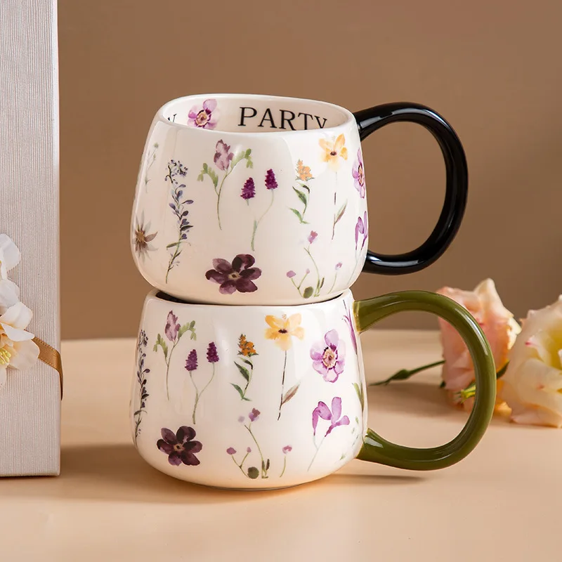 French Creative Floral Print Ceramic Mug, Office Coffee Cup, Afternoon Tea Cup, 380ml Breakfast Milk Cup, Gift for Friends