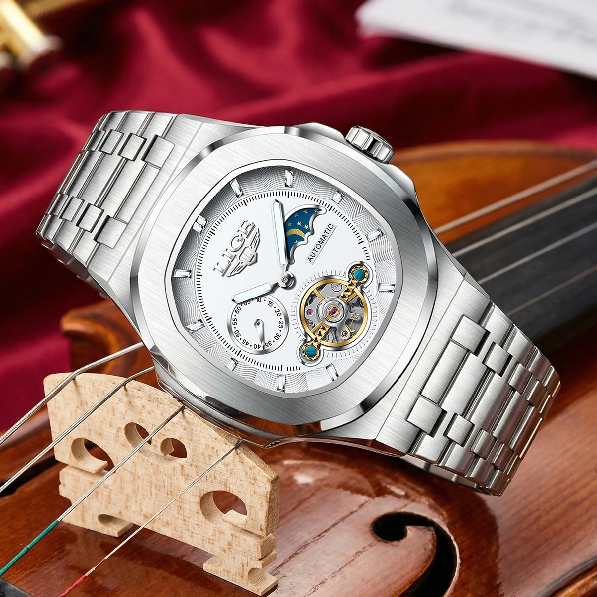 LIGE 2026 watches for men mechanical watches luxury male watch business clock moon phase luminous mens wristwatch reloj hommes