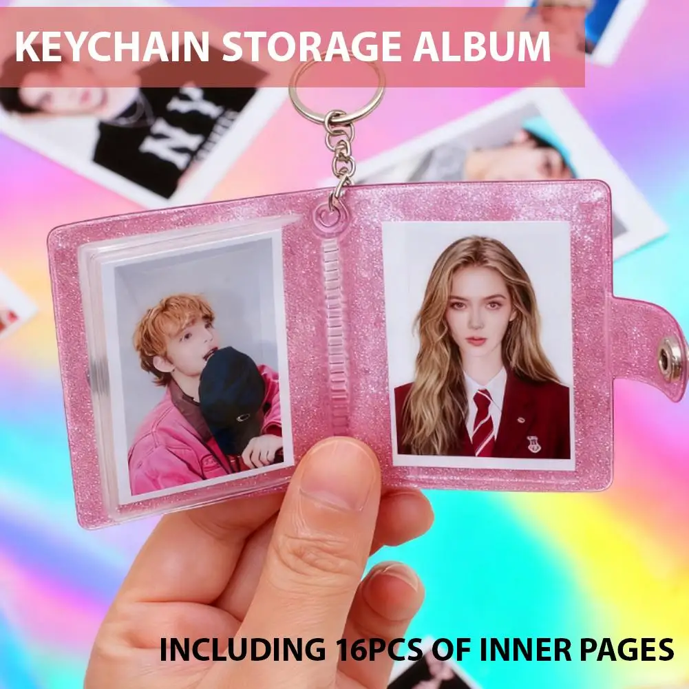16 Pages 1 Bag Keychain Storage Book PVC Mini 1/2-inch Photo Album Keychain Pocket Cards Holder Portable Storage Pendant Caver