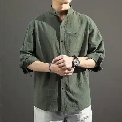 

Men's Linen Shirt Three Quarter Sleeve Standing Casual Style Deformable Ordinary Thickness Summer Season Pure Color Pattern