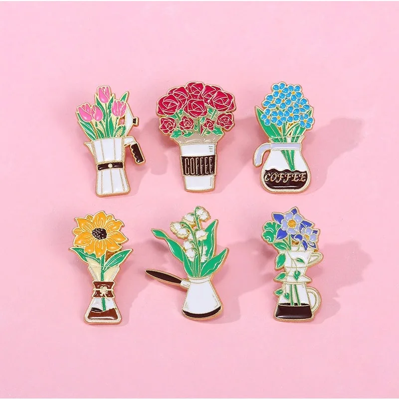 

Cartoon Coffee Flower Brooch Alloy Pin Badge for DIY Clothes Bags Shoes Hat Scarf T-shirt Jeans Decoration Rose Tulip Sunflower