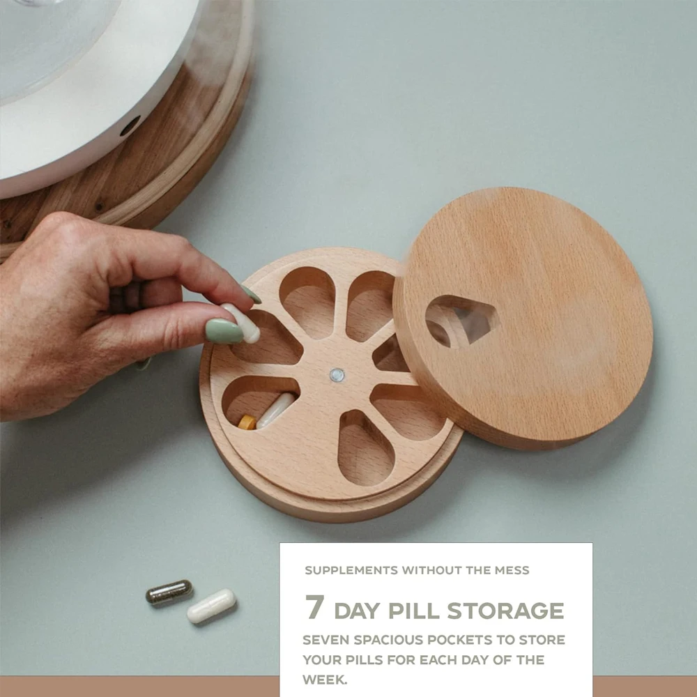 1 Pcs Wood Weekly Pill Organizer Arthritis Friendly 7-Day Pill Box Medium Compartments Holder, Daily Portable Travel Pills Case