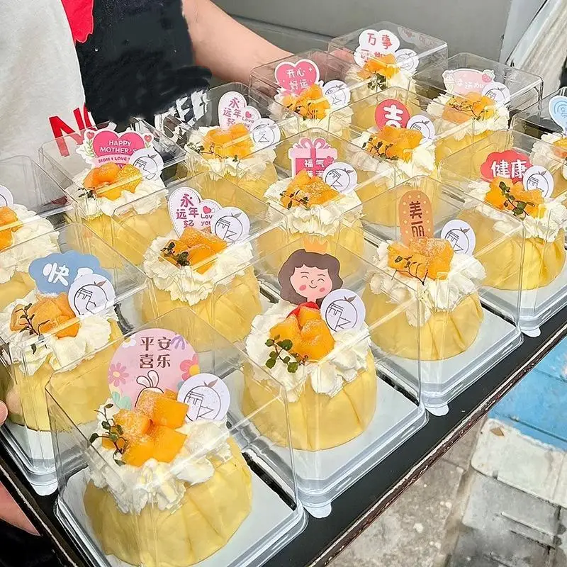 50 Pcs Transparent Cake Gift Boxes with Pink Forks BPA Free for Chiffon Mousse Birthday Party Dessert Display