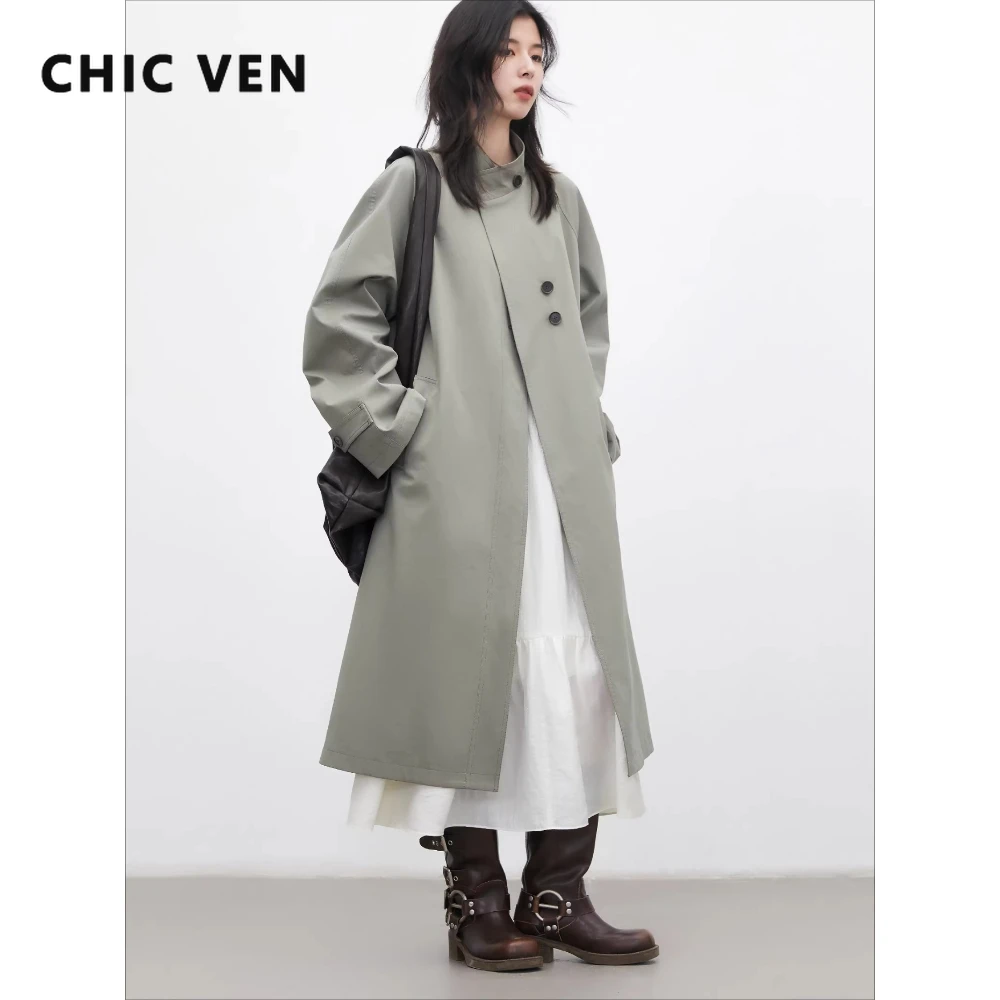 

CHIC VEN Новое женское длинное пальто-тренч свободного кроя с рукавами реглан, повседневная ветровка из твила, весна-осень 2026