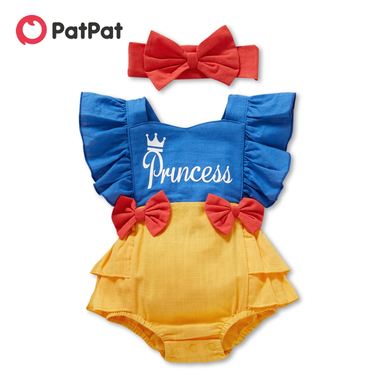 PatPat 100% cotone 2 pezzi stampa lettera Color Block senza maniche a strati volant Baby Princess pagliaccetto Set