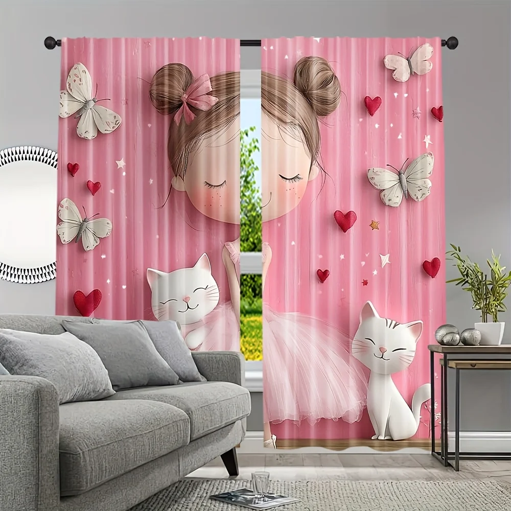 Cute Cartoon Ballerina Girl Curtains with White Cats and Butterflies Pink Princess Theme for Kids Bedroom Nursery Decor