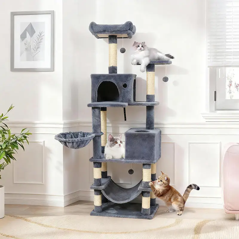 66 Inch Multi-Level Cat Tree Tower With Sisal Scratching Posts, 2 Condos, Hammock And Dangling Toys, Large Activity Center For Multiple Cats, Dark Gray