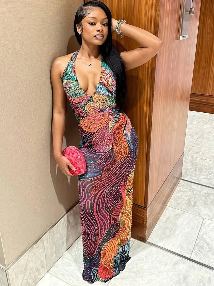 Vestido con estampado de diamantes de gato extraño para mujer, vestido elástico con espalda descubierta y cuello Halter colorido, Sexy, con escote en V profundo, elegante para fiesta de cumpleaños