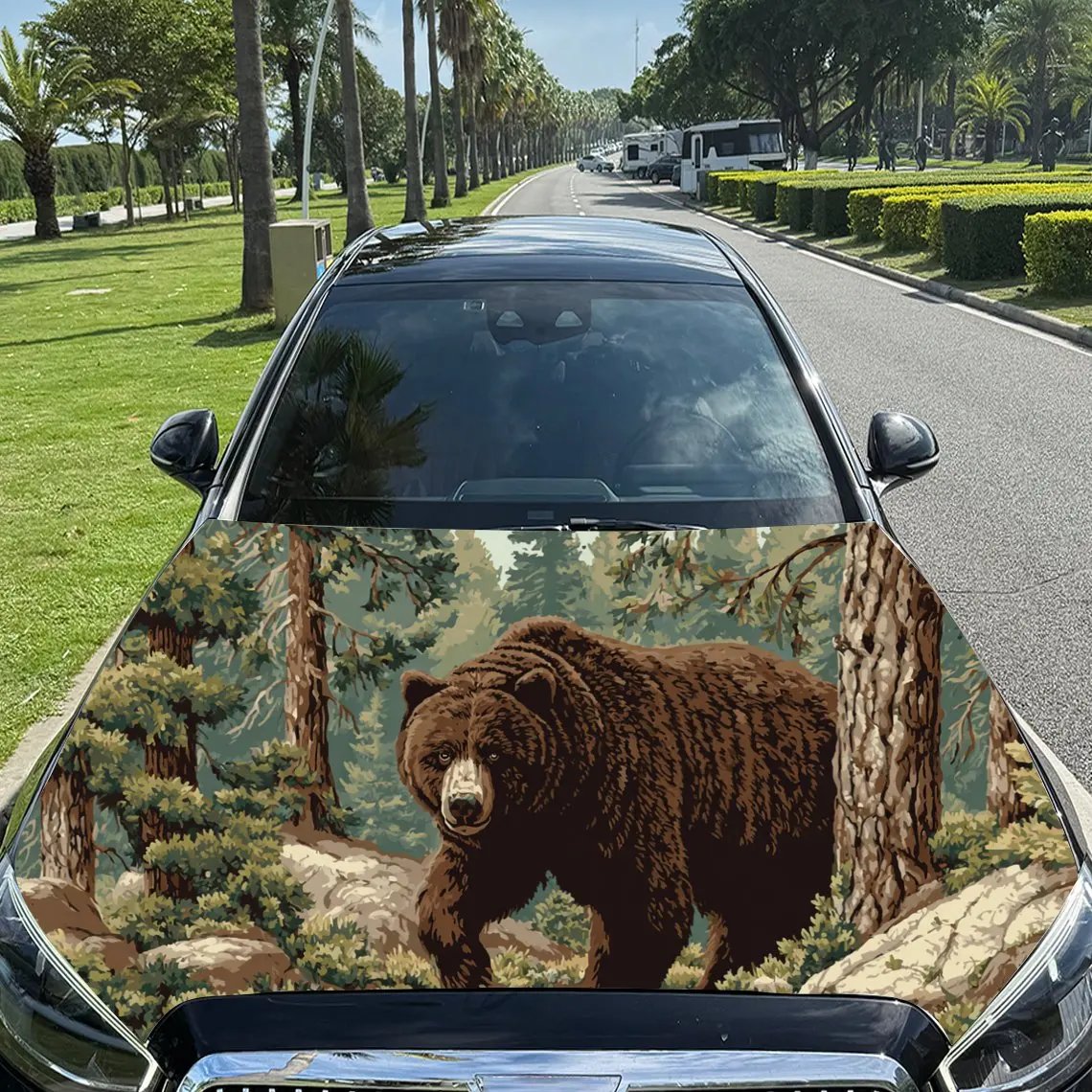Car Decal Brown Bear as Central Element in Forest Scene & Artistic, Layered Visual Details Car Hood Sticker, Waterproof Self - A