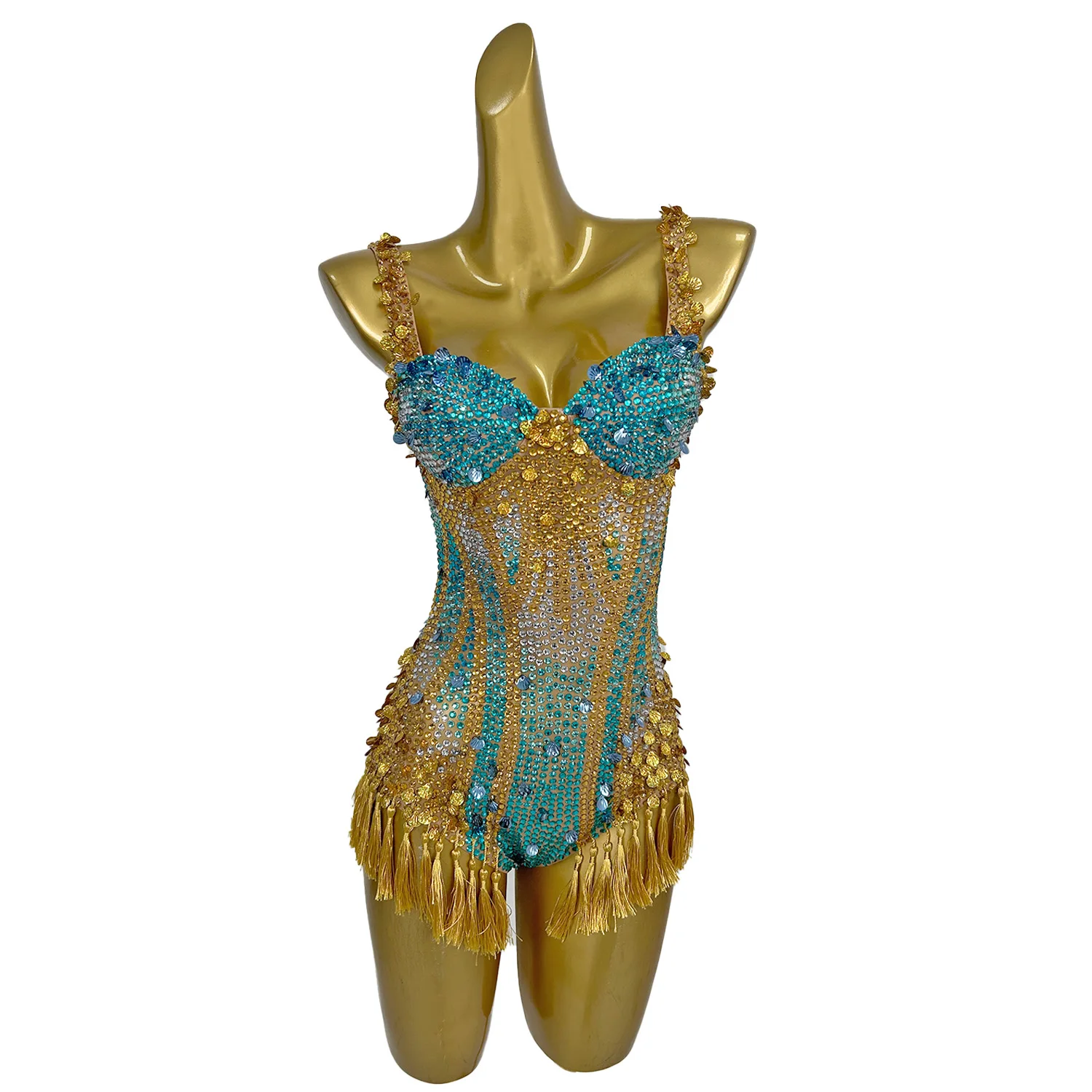 Sparkly Rhinestones Sequins Tassel Bodysuit Women Sexy Performance Dance Costume Nightclub Singer Dancer Photoshoot Wear Nanning