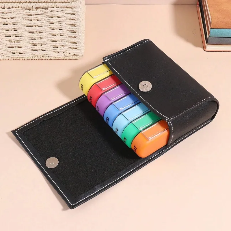 7 Day Leather Pill Organizer Portable Mini Travel Medicine Storage Box Colorful Pill Case Divider Drug Container Personal Health