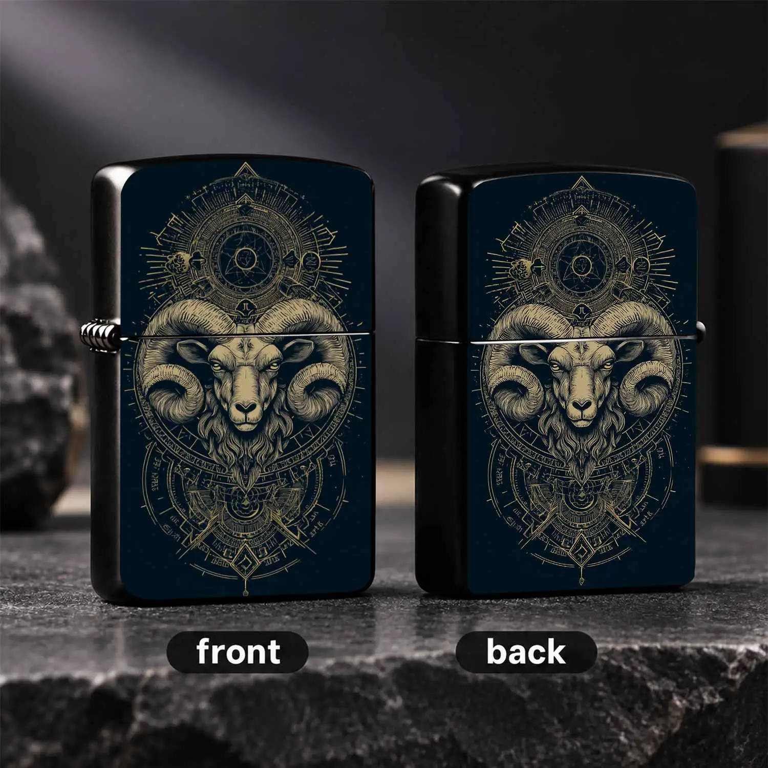Vintage Etched Golden Aries Windproof Lighter Deep Navy Base with Exquisite Astrological Mystical Rune Decor Retro Print Style Hard Sturdy Body PORTABLE Igniter Ideal for Aries Zodiac Enthusiasts Gifting Men Exclusive Personalized Trendy